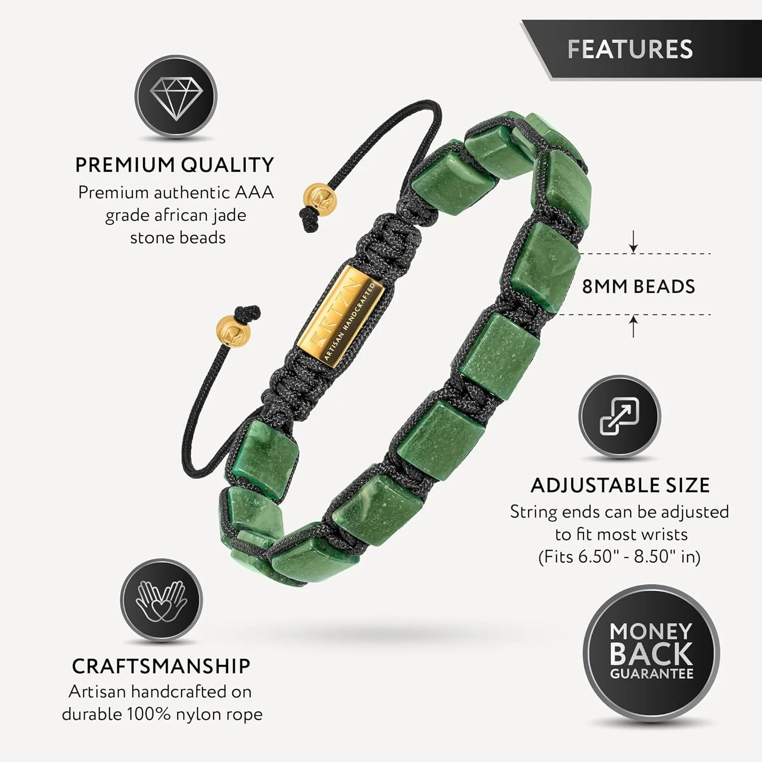 RTZN Jade Bracelet for Men  Premium Artisan Handcrafted Authentic Dark Green Jade Bracelet (Havana)