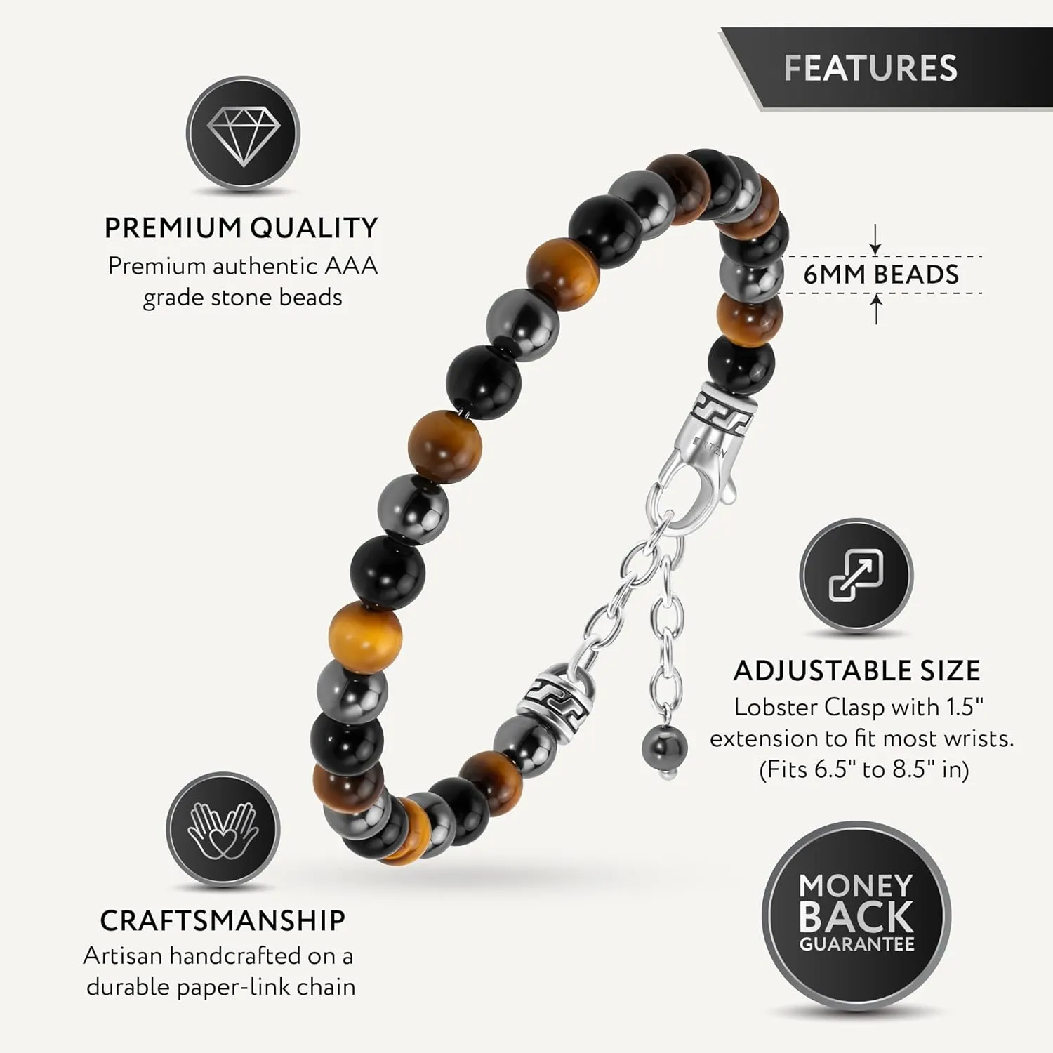 RTZN Triple Protection Bracelet for Men  Premium Artisan Handcrafted Tigers Eye, Black Obsidian & Hematite Bracelet for Men & Women  6MM Beaded Spiritual Bracelets  Adjustable 6.5"8.5" (Chain Fit)
