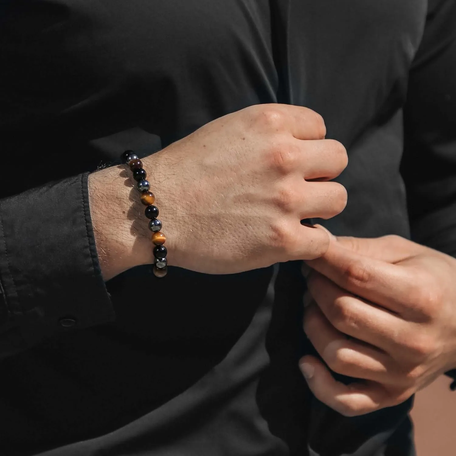 RTZN Triple Protection Bracelet for Men  Premium Artisan Handcrafted Tigers Eye, Black Obsidian & Hematite Bracelet for Men & Women  6MM Beaded Spiritual Bracelets  Adjustable 6.5"8.5" (Chain Fit)