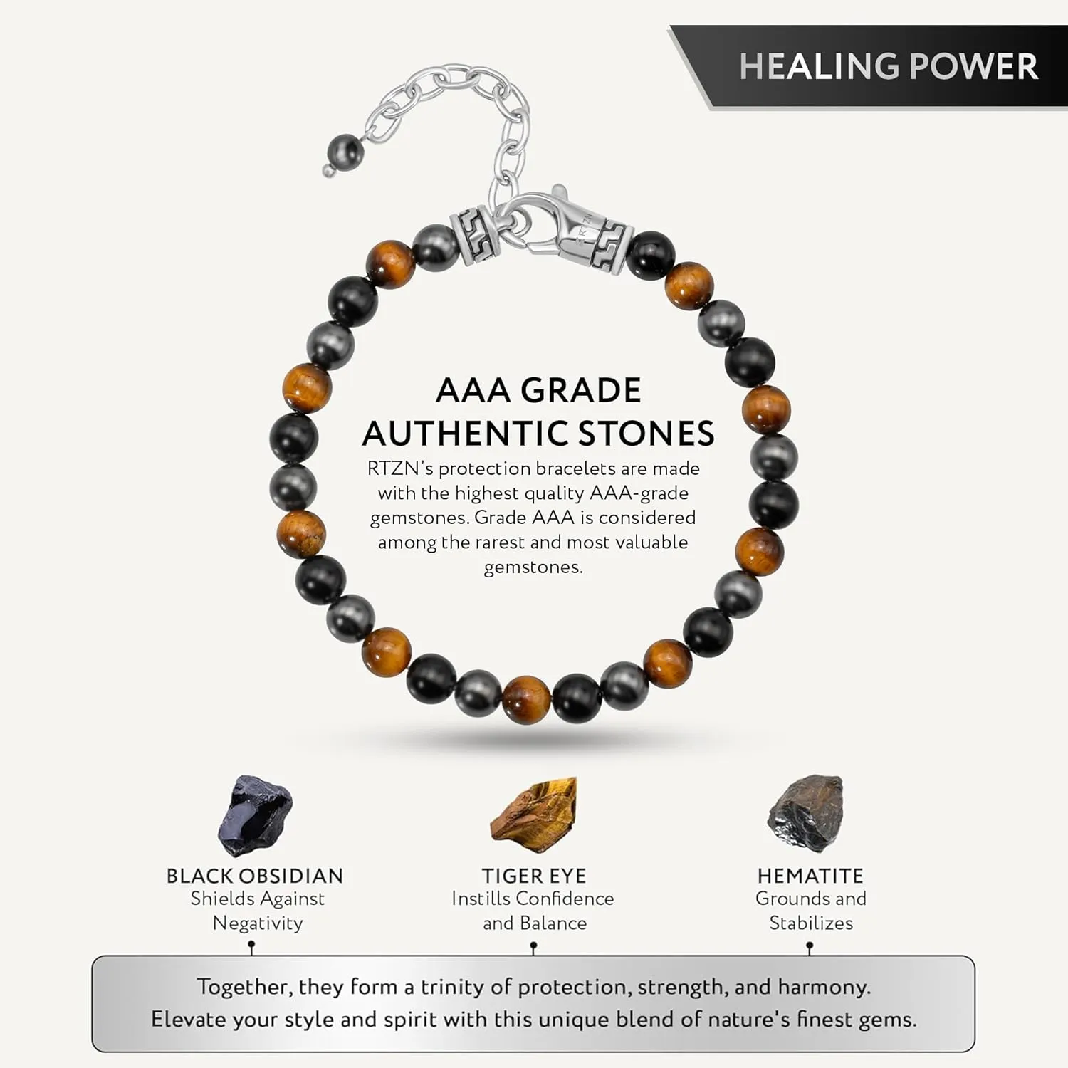 RTZN Triple Protection Bracelet for Men  Premium Artisan Handcrafted Tigers Eye, Black Obsidian & Hematite Bracelet for Men & Women  6MM Beaded Spiritual Bracelets  Adjustable 6.5"8.5" (Chain Fit)