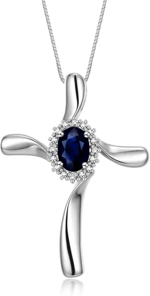 RYLOS Sterling Silver Cross Necklace: Gemstone & Diamond Pendant, 18" Chain, 7X5MM Birthstone, Elegant Women's Jewelry
