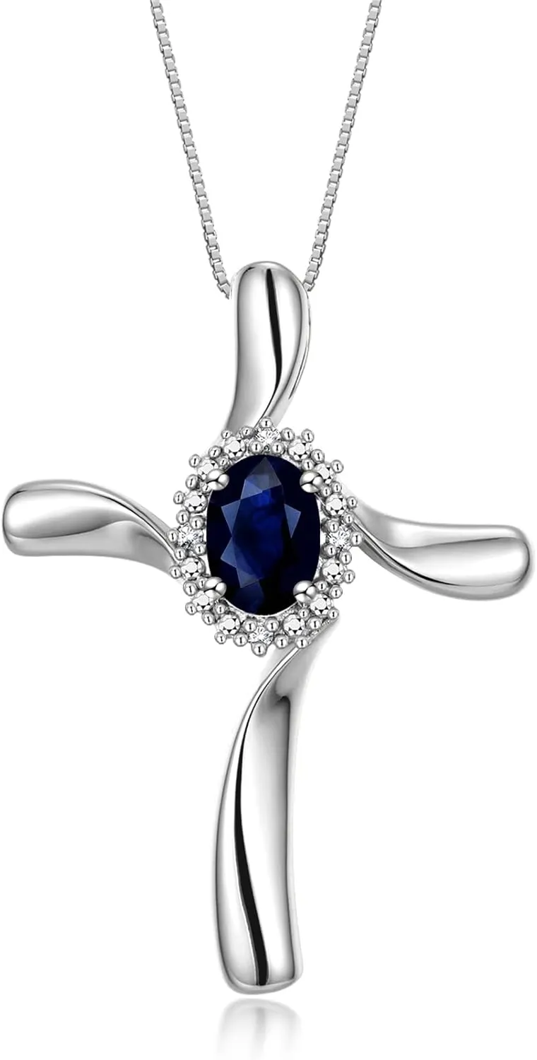 RYLOS Sterling Silver Cross Necklace: Gemstone & Diamond Pendant, 18" Chain, 7X5MM Birthstone, Elegant Women's Jewelry
