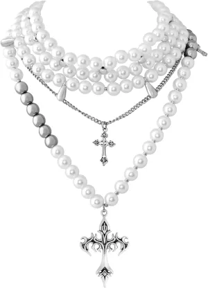 Sacina Layered Cross Imitation-Pearl Strands, Imitation-Pearl Choker Necklace for Women, Gothic Goth Necklace, 1920s Costume Jewelry, Christmas Jewelry Gift for Women
