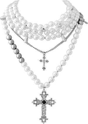 Sacina Layered Imitation-Pearl Strands, Imitation-Pearl Necklace for Women, Cross Gothic Goth Necklace, 1920s Costume Jewelry, Christmas Jewelry Gift