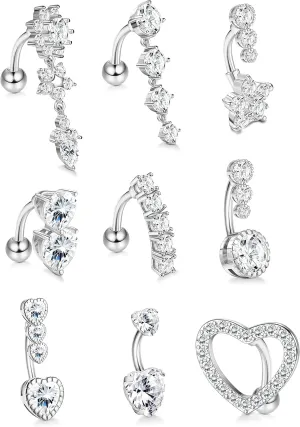 SAILIMUE 9 Pcs Surgical Steel Belly Button Rings for Women 14G Belly Ring CZ Heart Reverse Navel Ring Dangle Belly Piercing Jewelry Pack