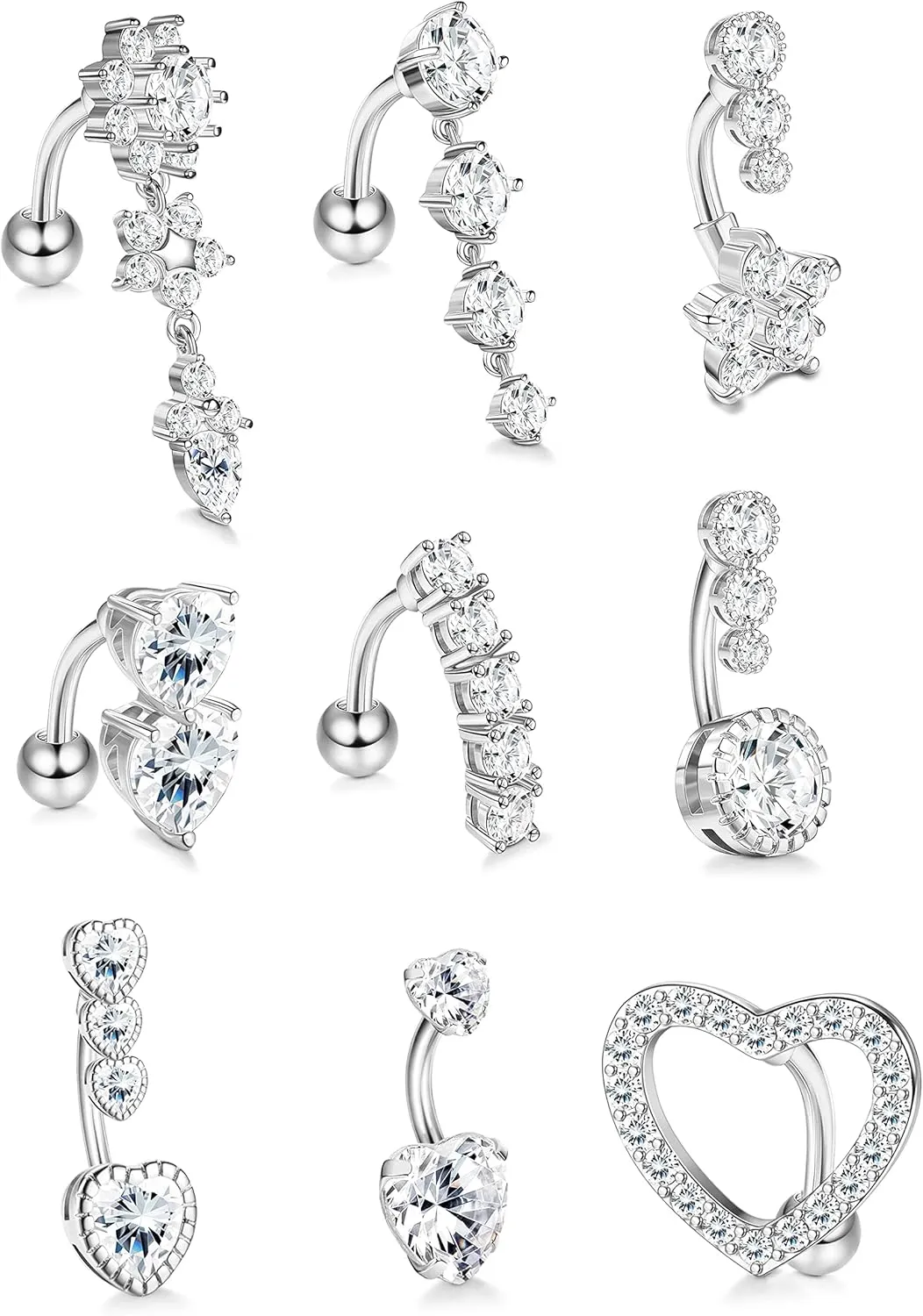 SAILIMUE 9 Pcs Surgical Steel Belly Button Rings for Women 14G Belly Ring CZ Heart Reverse Navel Ring Dangle Belly Piercing Jewelry Pack