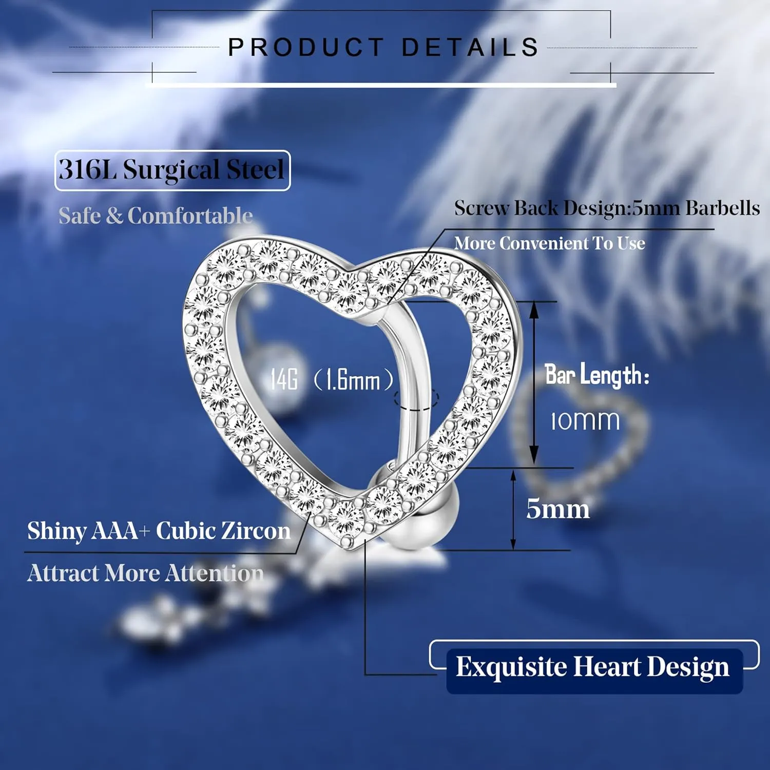 SAILIMUE 9 Pcs Surgical Steel Belly Button Rings for Women 14G Belly Ring CZ Heart Reverse Navel Ring Dangle Belly Piercing Jewelry Pack
