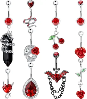 Sanfenly 14G Belly Button Rings Dangle Stainless Steel Navel Rings Pink CZ Heart Butterfly Belly Rings Dangling Belly Piercing Jewelry For Women