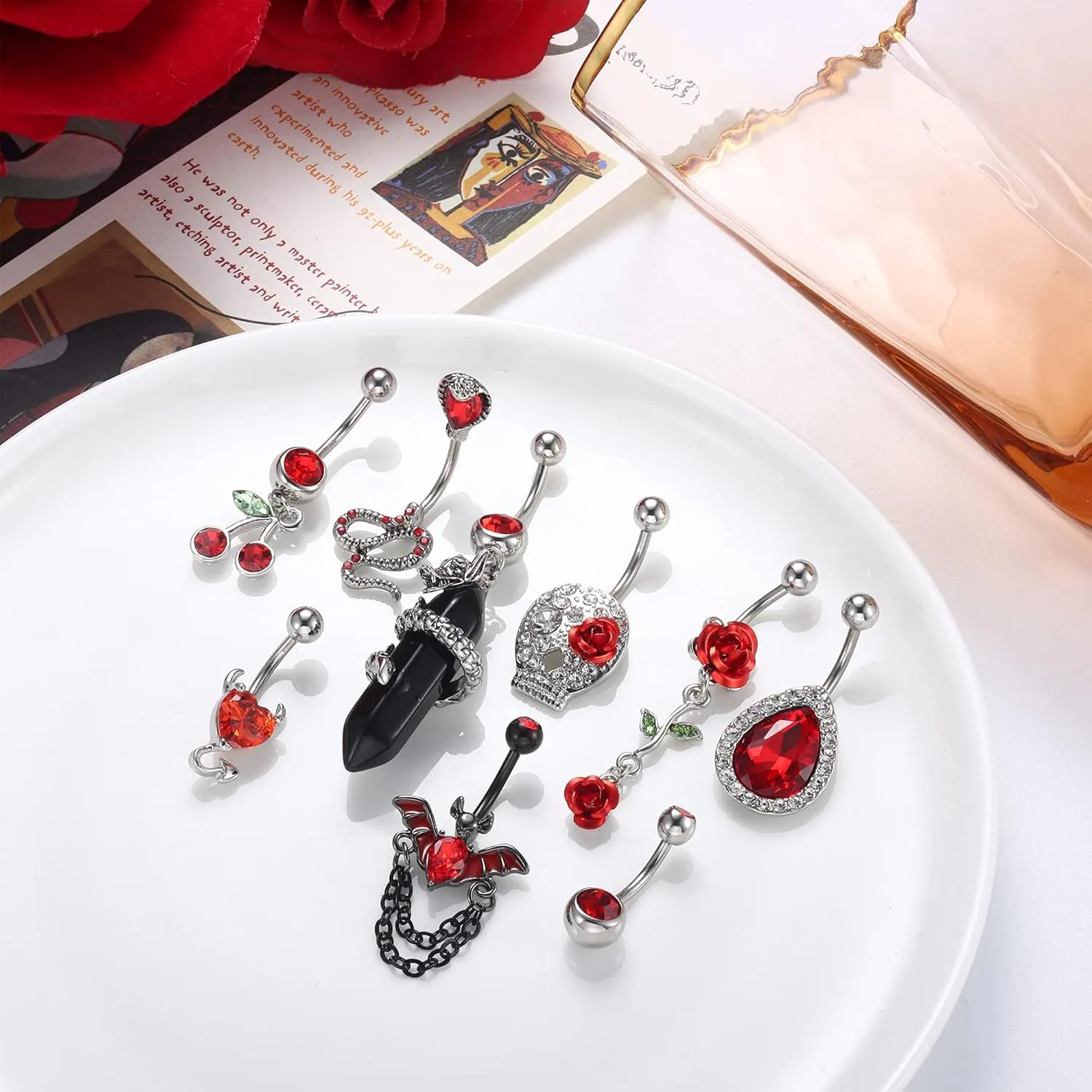Sanfenly 14G Belly Button Rings Dangle Stainless Steel Navel Rings Pink CZ Heart Butterfly Belly Rings Dangling Belly Piercing Jewelry For Women