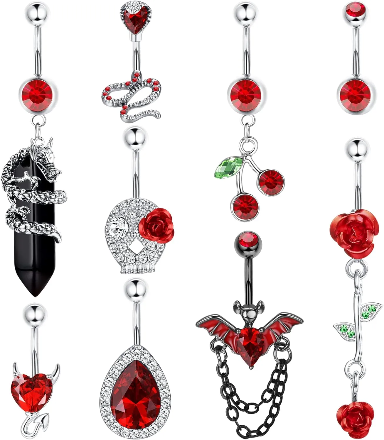 Sanfenly 14G Belly Button Rings Dangle Stainless Steel Navel Rings Pink CZ Heart Butterfly Belly Rings Dangling Belly Piercing Jewelry For Women