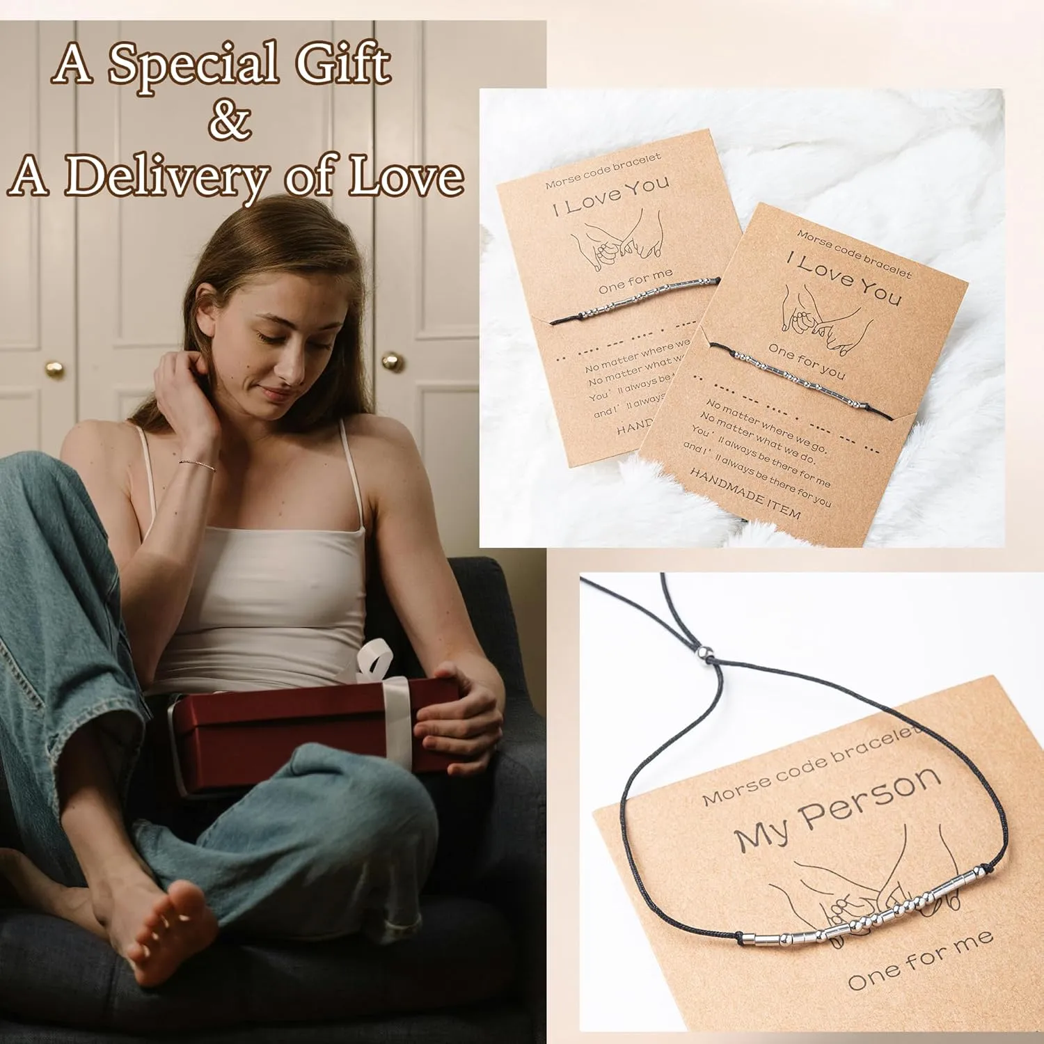 SANNYRA Morse Code Bracelet, Best Friend Matching Gifts for 2 Couples, My Person Bestie Sister I Love You Secret Message Friendship Handmade Adjustable Jewelry for Women