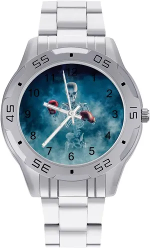 Scary Fighter Skeleton Wearing Boxing Gloves Stainless Steel Band Business Watch Dress Wrist Unique Luxury Work Casual Waterproof Watches