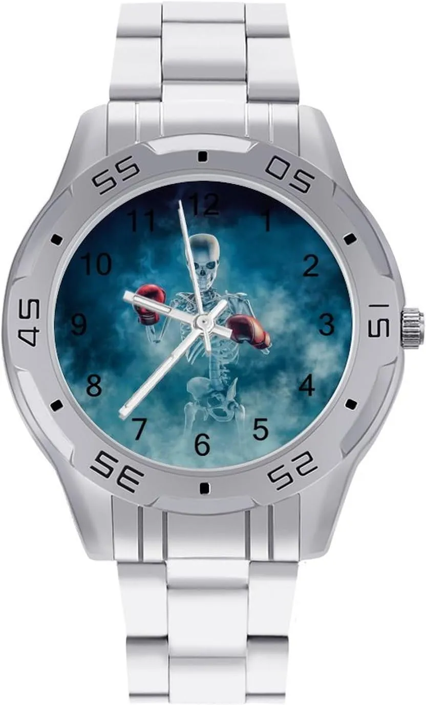 Scary Fighter Skeleton Wearing Boxing Gloves Stainless Steel Band Business Watch Dress Wrist Unique Luxury Work Casual Waterproof Watches