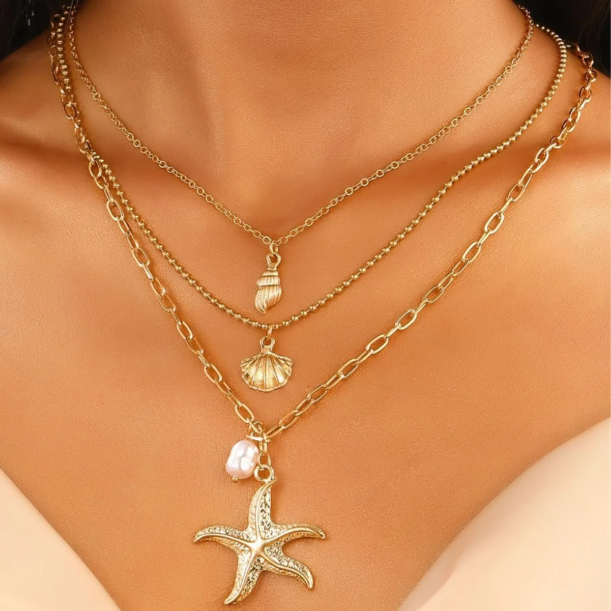 Seashell Necklace Gold Layered Shell Necklace Gold Seashell Pendant Necklace Pretty Stylish Summer Beach Necklace Jewelry for Women