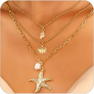 Seashell Necklace Gold Layered Shell Necklace Gold Seashell Pendant Necklace Pretty Stylish Summer Beach Necklace Jewelry for Women