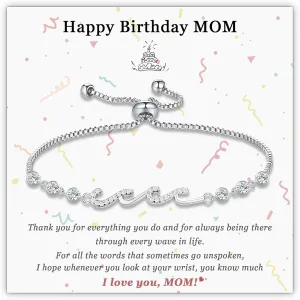 Sereney Infinity Bracelets as Mother Daughter Gifts/Mom Gifts from Son, Wave Bracelet as Mom/Daughter Birthday Gifts, 14K White Gold Plated Silver Adjustable Bracelet for Women Hypoallergenic