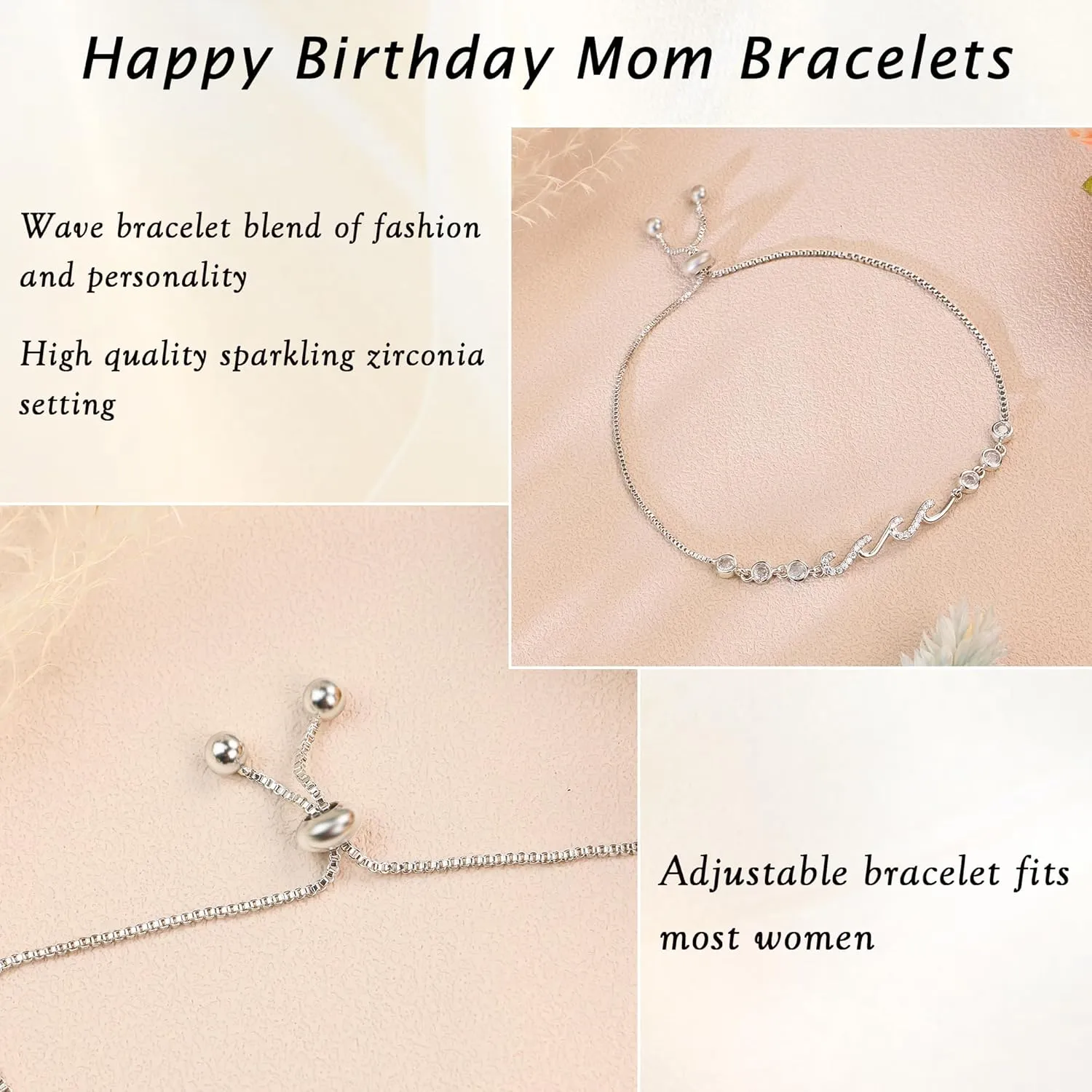 Sereney Infinity Bracelets as Mother Daughter Gifts/Mom Gifts from Son, Wave Bracelet as Mom/Daughter Birthday Gifts, 14K White Gold Plated Silver Adjustable Bracelet for Women Hypoallergenic