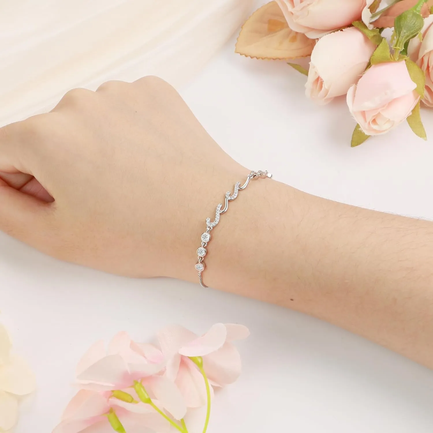 Sereney Infinity Bracelets as Mother Daughter Gifts/Mom Gifts from Son, Wave Bracelet as Mom/Daughter Birthday Gifts, 14K White Gold Plated Silver Adjustable Bracelet for Women Hypoallergenic