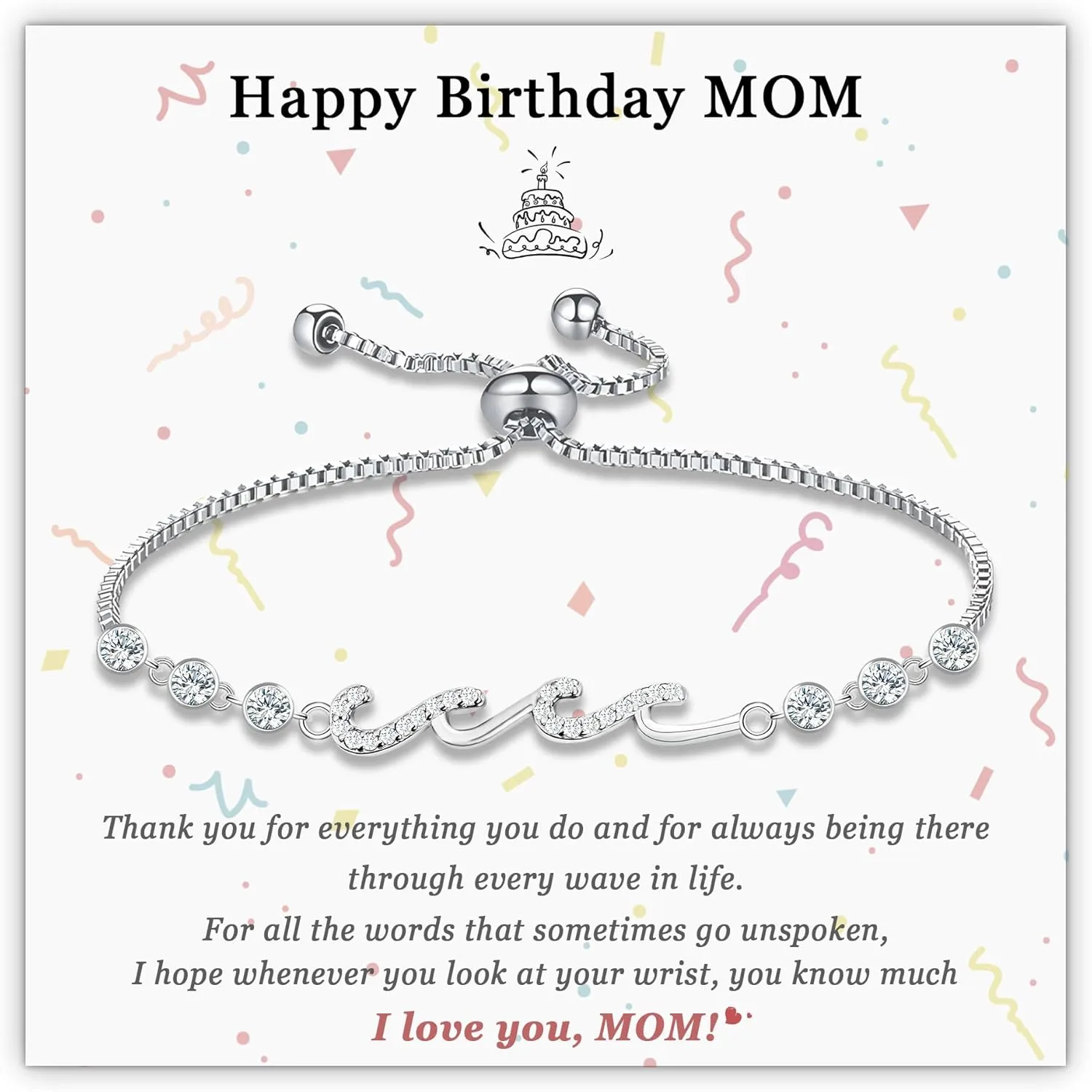 Sereney Infinity Bracelets as Mother Daughter Gifts/Mom Gifts from Son, Wave Bracelet as Mom/Daughter Birthday Gifts, 14K White Gold Plated Silver Adjustable Bracelet for Women Hypoallergenic