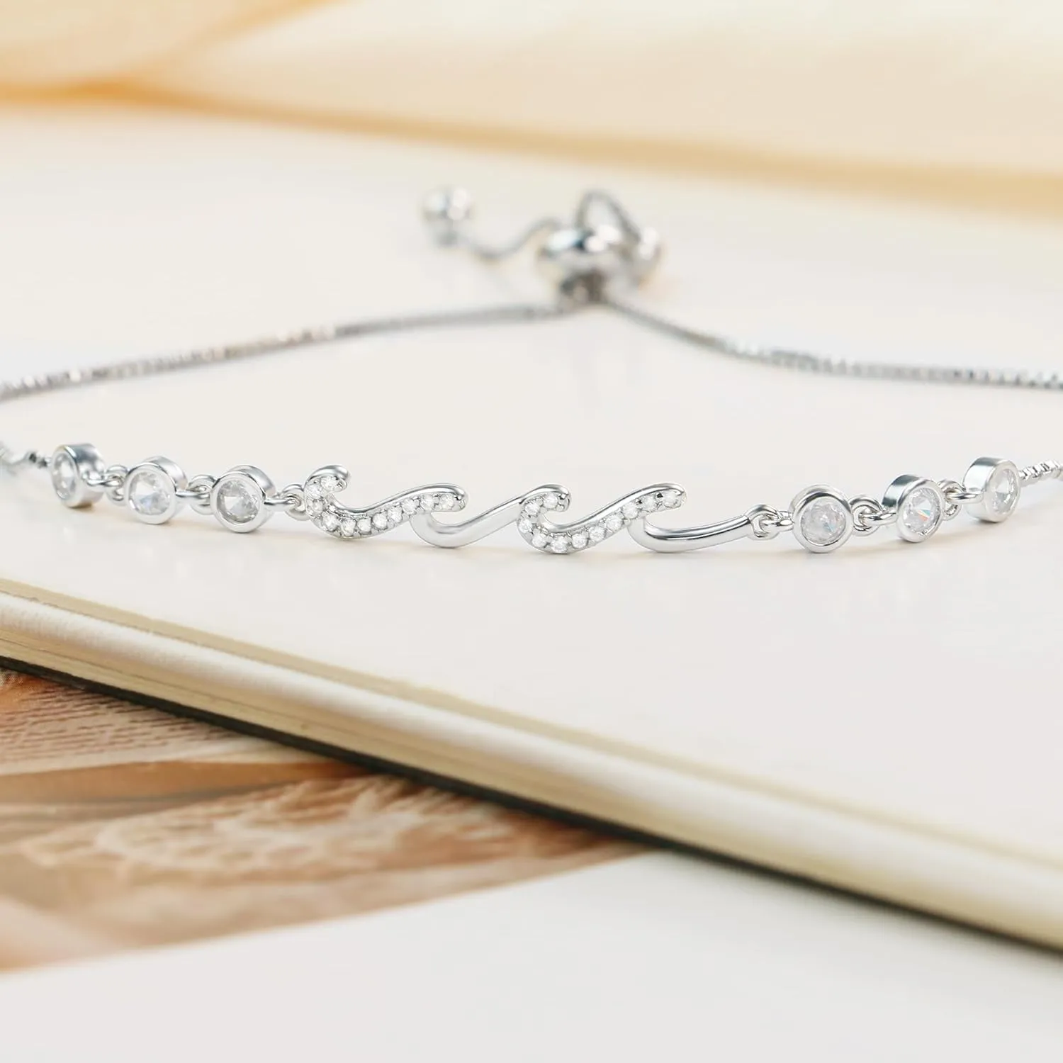 Sereney Infinity Bracelets as Mother Daughter Gifts/Mom Gifts from Son, Wave Bracelet as Mom/Daughter Birthday Gifts, 14K White Gold Plated Silver Adjustable Bracelet for Women Hypoallergenic