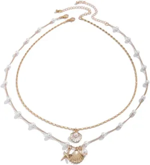 Shell Seashell Necklace Summer Beach Puka Shell Necklace Jewelry Choker Beach Necklaces for Women Preppy Shell Necklace Layered Charm Sequins Starfish Conch
