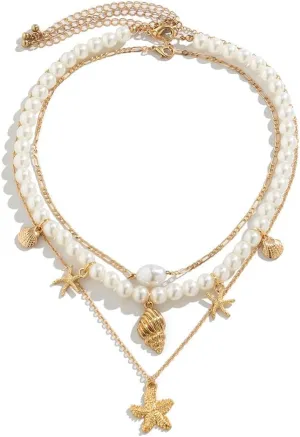 Shell Seashell Necklace Summer Beach Puka Shell Necklace Jewelry Choker Beach Necklaces for Women Preppy Shell Necklace Layered Charm Sequins Starfish Conch