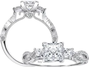 SHELOVES Vintage Three Stone Princess Cut AAAAA CZ Wedding Engagement Rings for Women 925 Sterling Silver 5-10