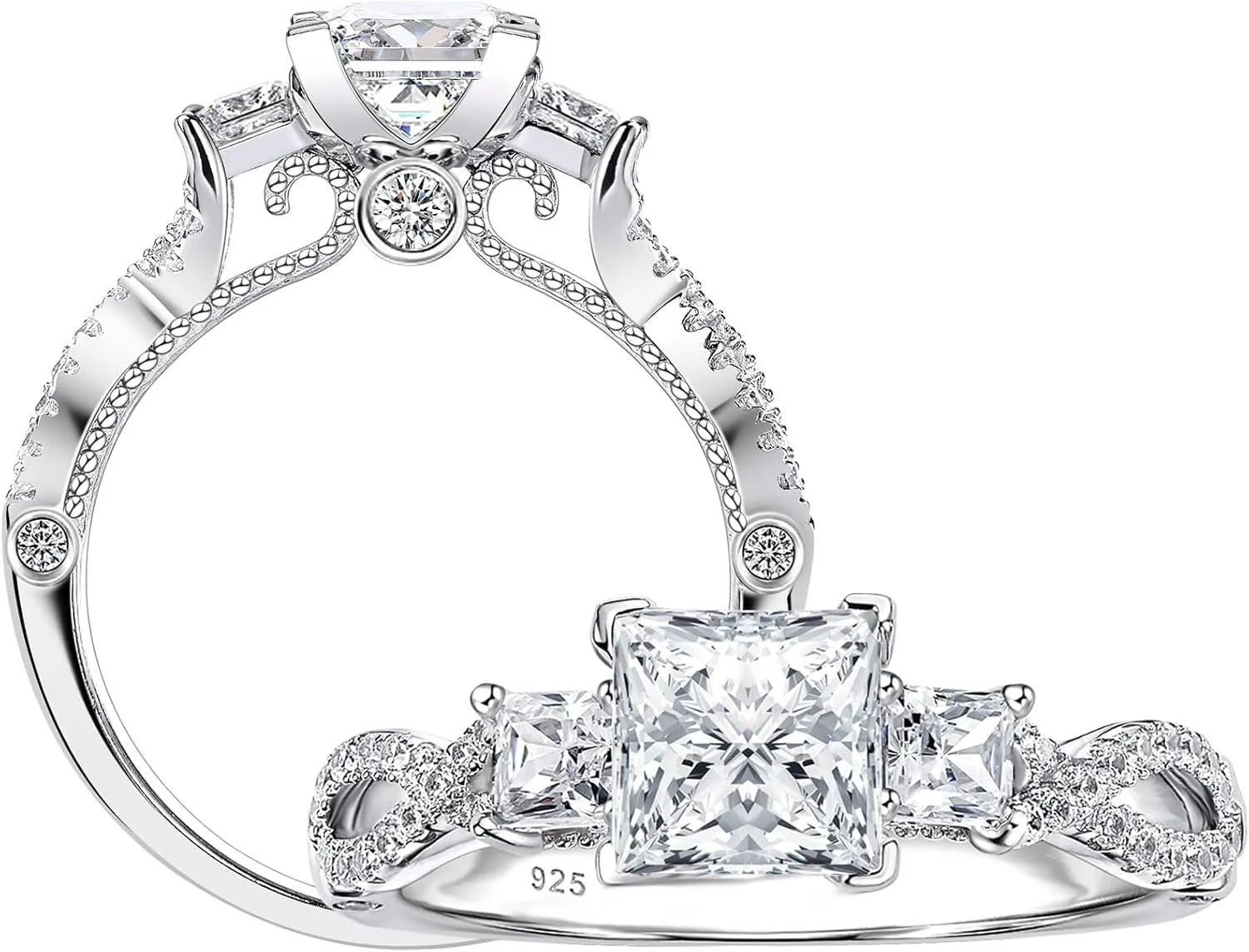 SHELOVES Vintage Three Stone Princess Cut AAAAA CZ Wedding Engagement Rings for Women 925 Sterling Silver 5-10