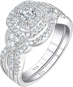 SHELOVES Wedding Rings Set for Women Round White Cz Engagement Rings Bridal Set 925 Sterling Silver Sz 5-12