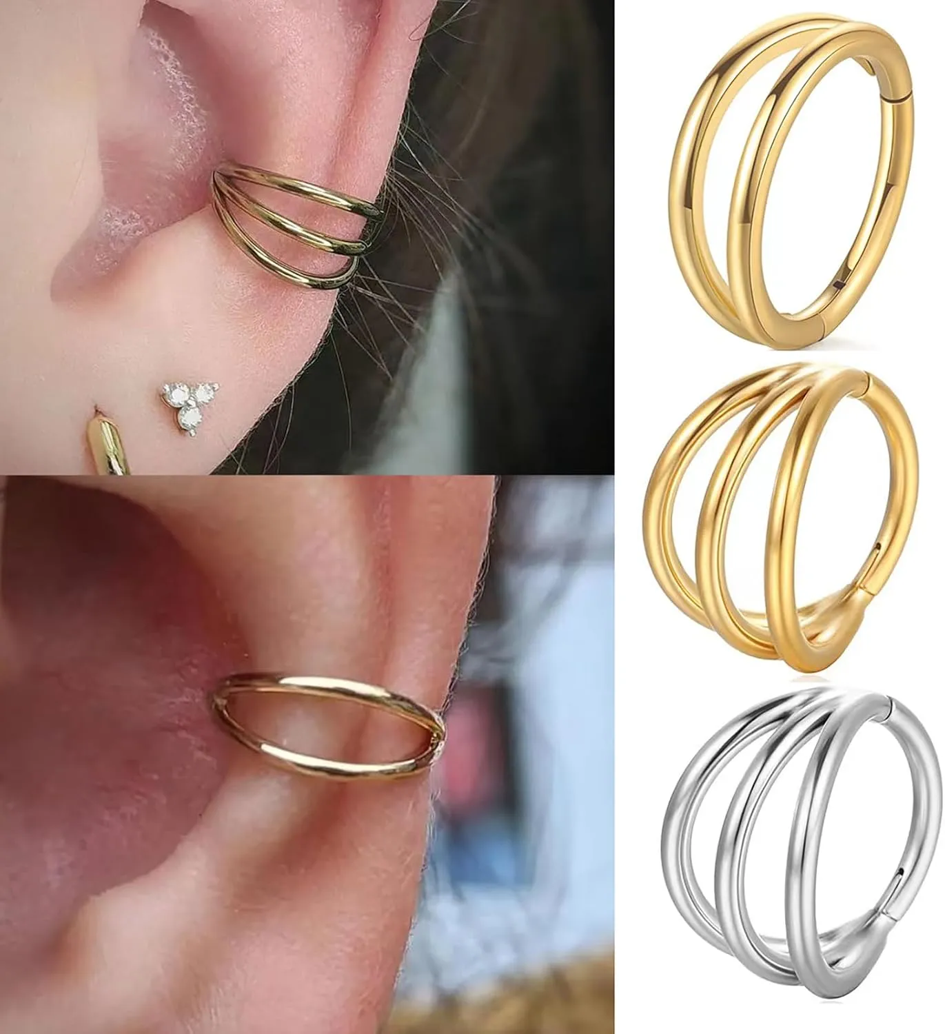 SHOWNICE 3PCS Nose Rings G23 Titanium Septum Rings Double Hoop Nose Ring Conch Piercing Cartilage Earrings Nose Piercing Jewelry for Women and Men