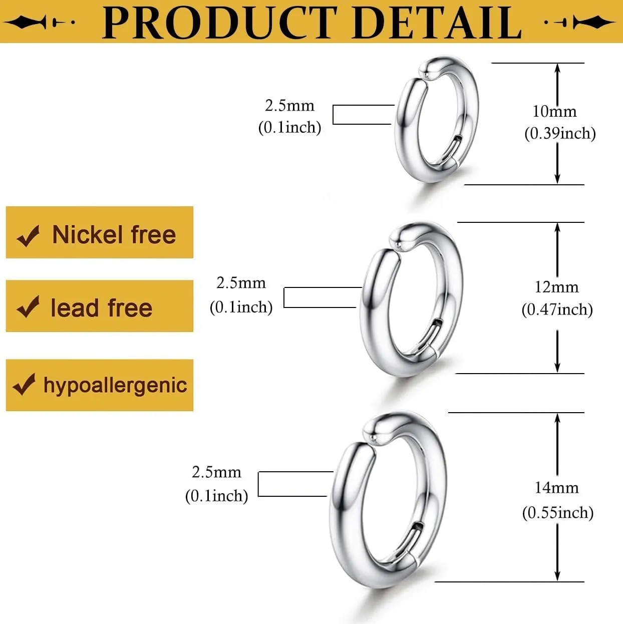 SIISPRI 3 Pairs Clip On Huggie Earrings for Men Women, Unisex Surgical Stainless Steel Hypoallergenic Earrings,Small Hoop Earrings, Polished for Non Pierced Earrings