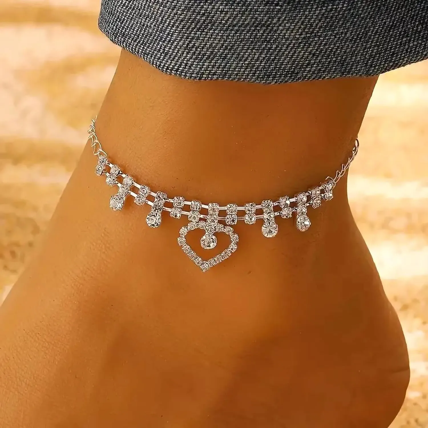 Silver Ankle Bracelets for Women, Adjustable Rhinestone Pendant Tennis Anklet, Butterfly Heart Infinite Diamond Summer Beach Foot Chain Jewelry Gifts