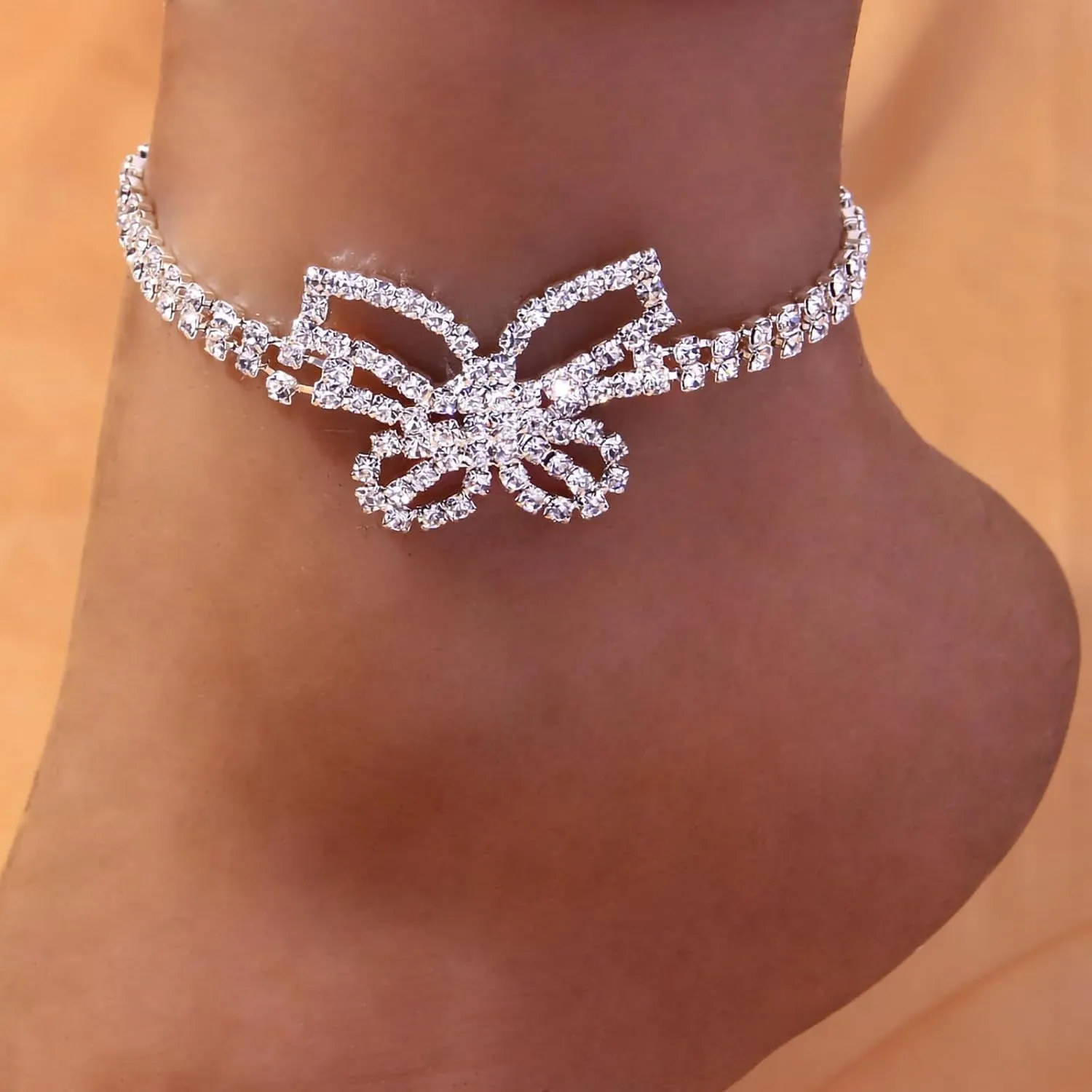 Silver Ankle Bracelets for Women, Adjustable Rhinestone Pendant Tennis Anklet, Butterfly Heart Infinite Diamond Summer Beach Foot Chain Jewelry Gifts