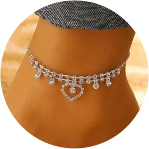 Silver Ankle Bracelets for Women, Adjustable Rhinestone Pendant Tennis Anklet, Butterfly Heart Infinite Diamond Summer Beach Foot Chain Jewelry Gifts