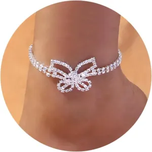Silver Ankle Bracelets for Women, Adjustable Rhinestone Pendant Tennis Anklet, Butterfly Heart Infinite Diamond Summer Beach Foot Chain Jewelry Gifts