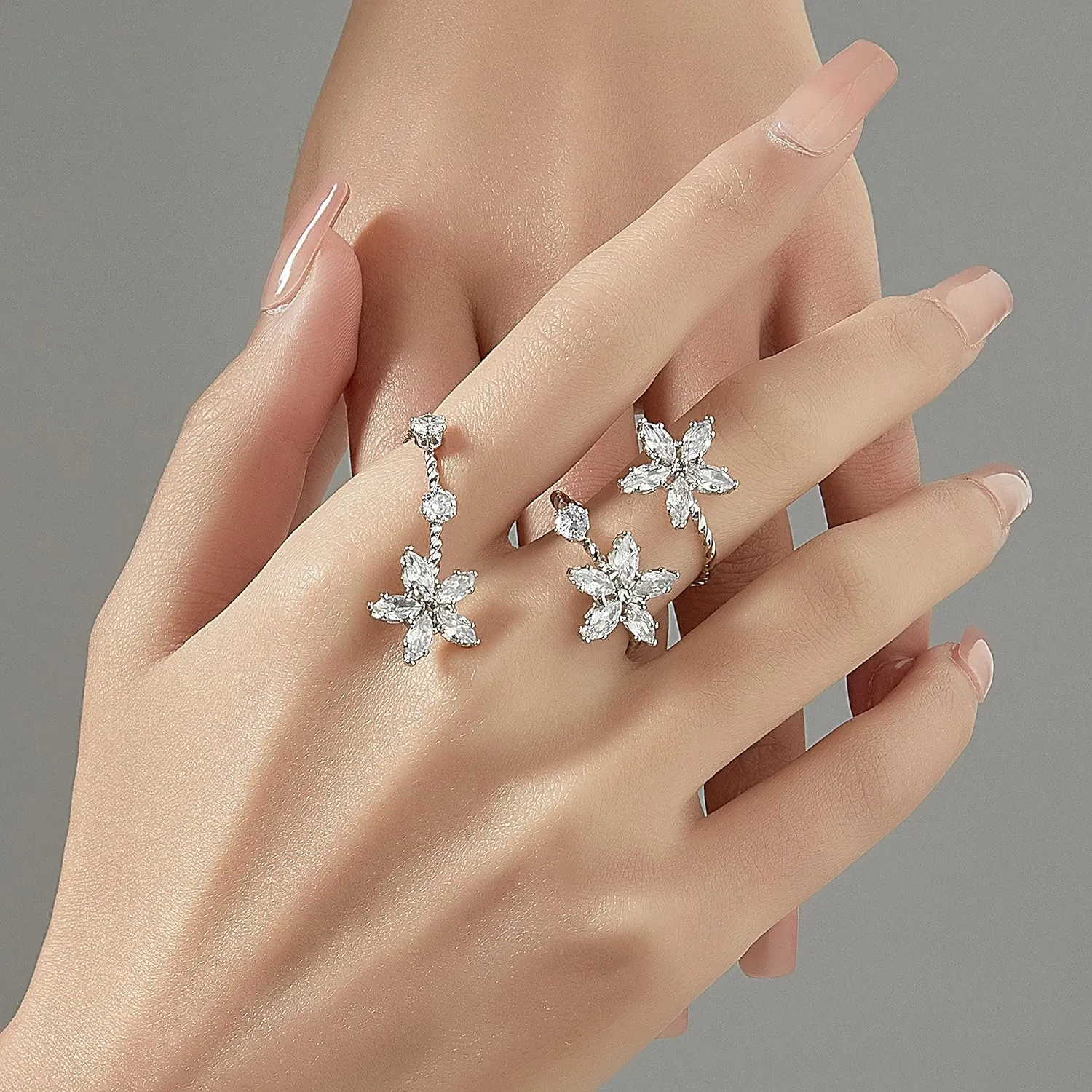 Silver Double Finger Ring, Statement Big Butterfly Open Adjustable Rings Silver Full CZ Flower Cocktail Rings Jewelry