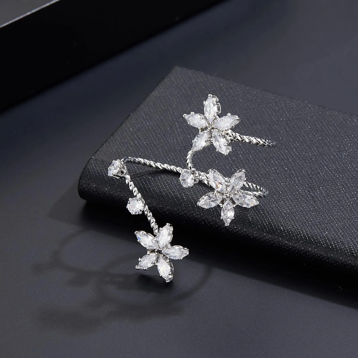 Silver Double Finger Ring, Statement Big Butterfly Open Adjustable Rings Silver Full CZ Flower Cocktail Rings Jewelry