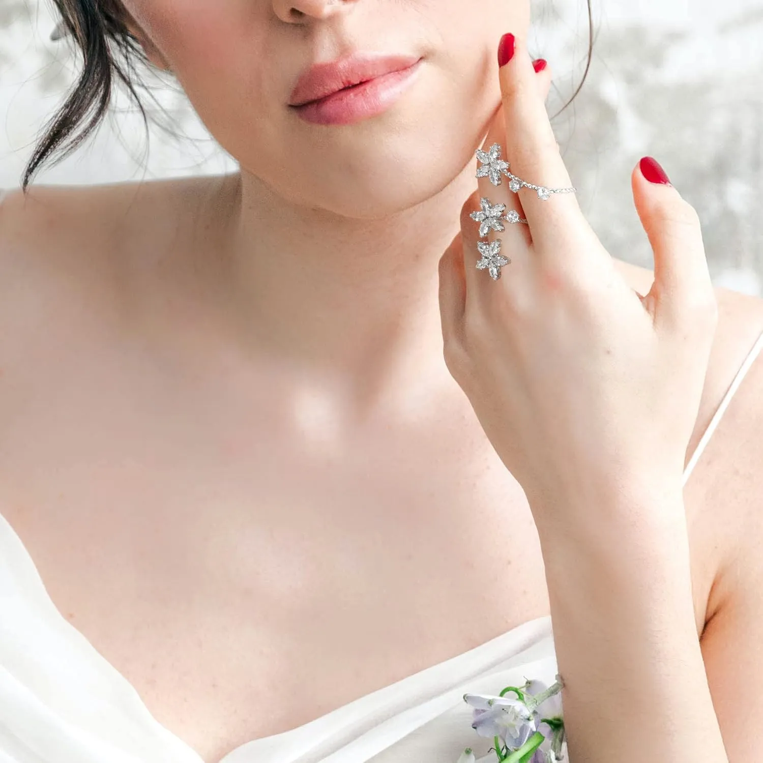 Silver Double Finger Ring, Statement Big Butterfly Open Adjustable Rings Silver Full CZ Flower Cocktail Rings Jewelry