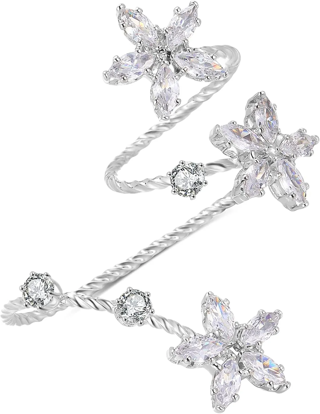 Silver Double Finger Ring, Statement Big Butterfly Open Adjustable Rings Silver Full CZ Flower Cocktail Rings Jewelry