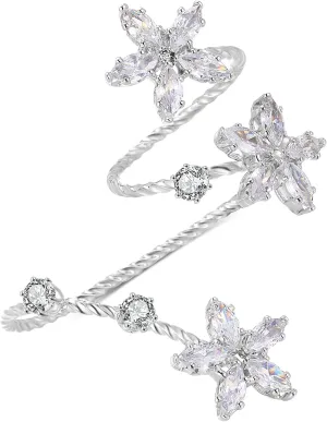 Silver Double Finger Ring, Statement Big Butterfly Open Adjustable Rings Silver Full CZ Flower Cocktail Rings Jewelry