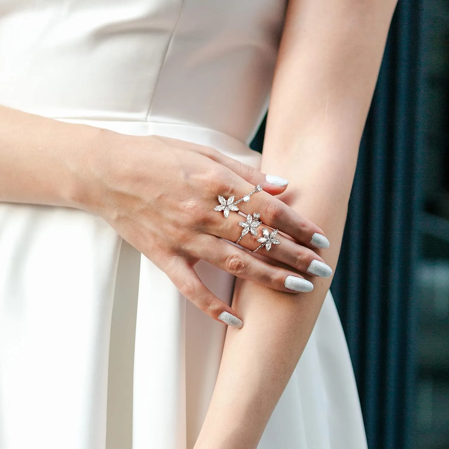 Silver Double Finger Ring, Statement Big Butterfly Open Adjustable Rings Silver Full CZ Flower Cocktail Rings Jewelry