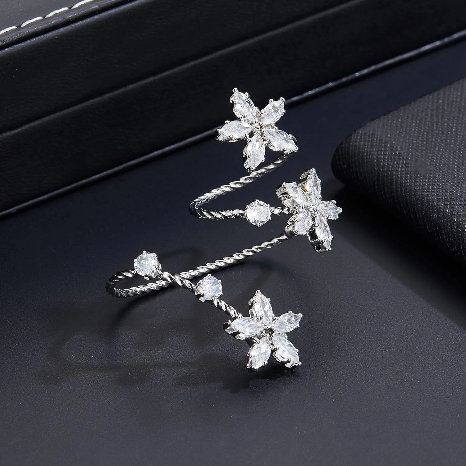 Silver Double Finger Ring, Statement Big Butterfly Open Adjustable Rings Silver Full CZ Flower Cocktail Rings Jewelry