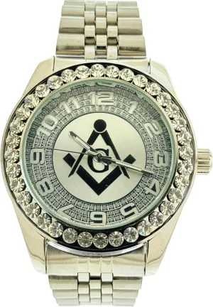 Silver Masonic Watch - Crystal Bezel, Stainless Steel Band WM-1025B