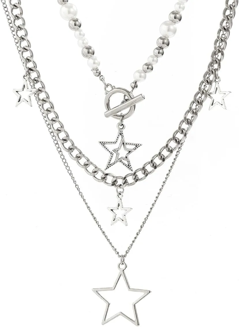 Silver Star Necklace Y2K Accessories Jewelry Chunky Silver Necklace Stack Grunge Kawaii Cute Necklaces Aesthetic Vintage Emo Jewelry (Y2K Star Necklace Style 4)