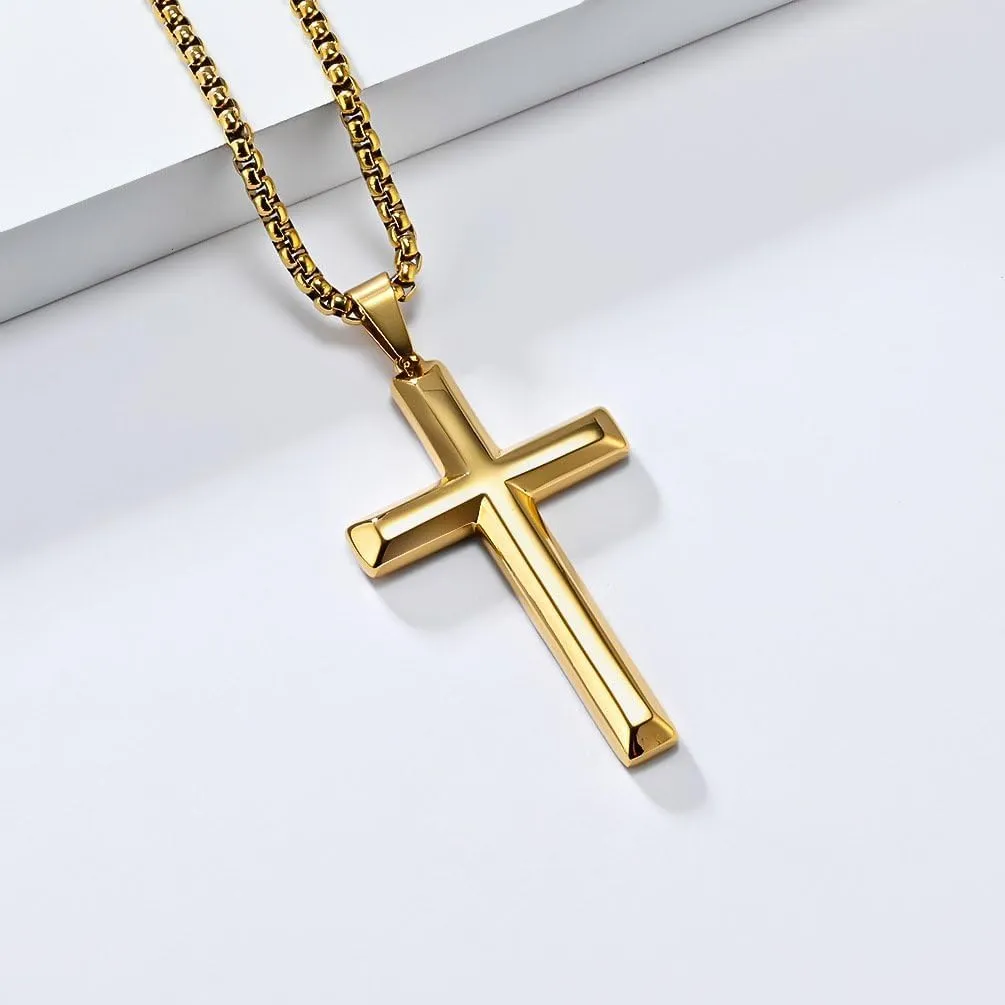 Simple Bevelled Neutral Stainless Steel Cross Necklace  Glossy Unisex Men's & Women's Jewelry