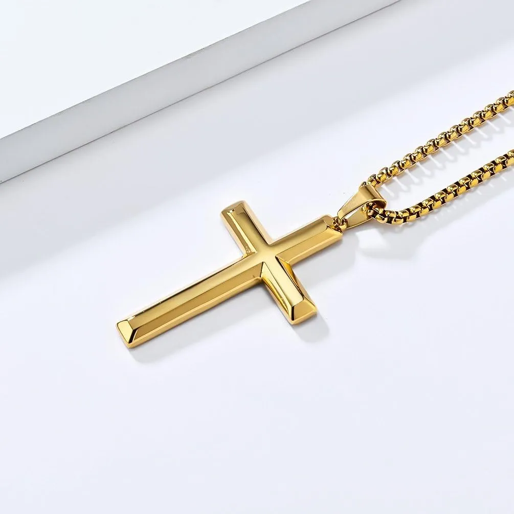 Simple Bevelled Neutral Stainless Steel Cross Necklace  Glossy Unisex Men's & Women's Jewelry