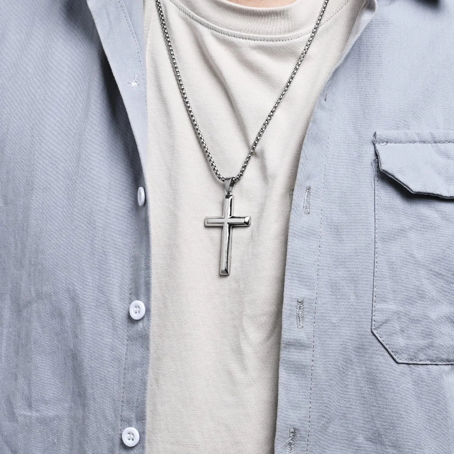 Simple Bevelled Neutral Stainless Steel Cross Necklace  Glossy Unisex Men's & Women's Jewelry
