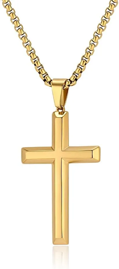 Simple Bevelled Neutral Stainless Steel Cross Necklace  Glossy Unisex Men's & Women's Jewelry