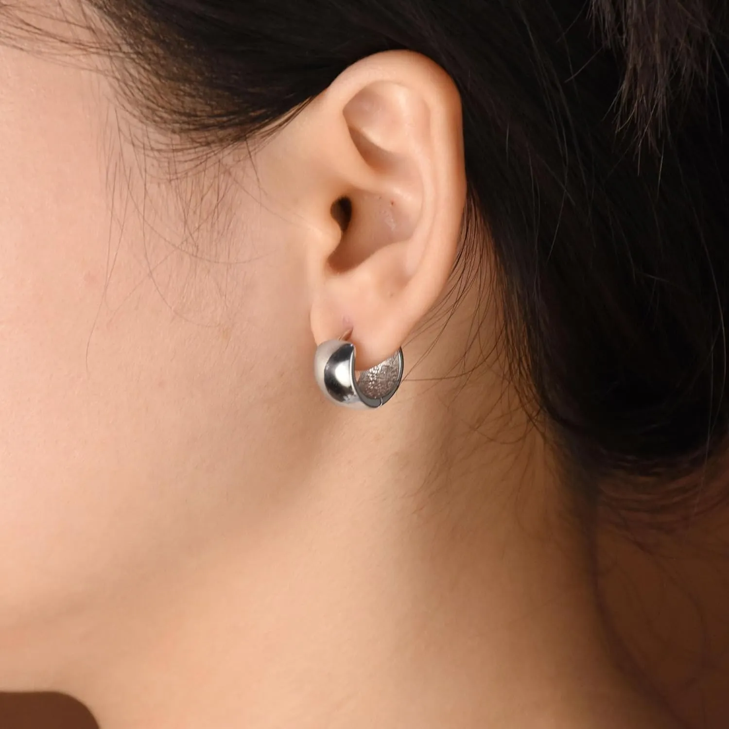Simple Smooth Shiny Polished Wide Huggie Hoop Earrings For Women For Men Hinged Rose Gold Plated .925 Sterling Silver