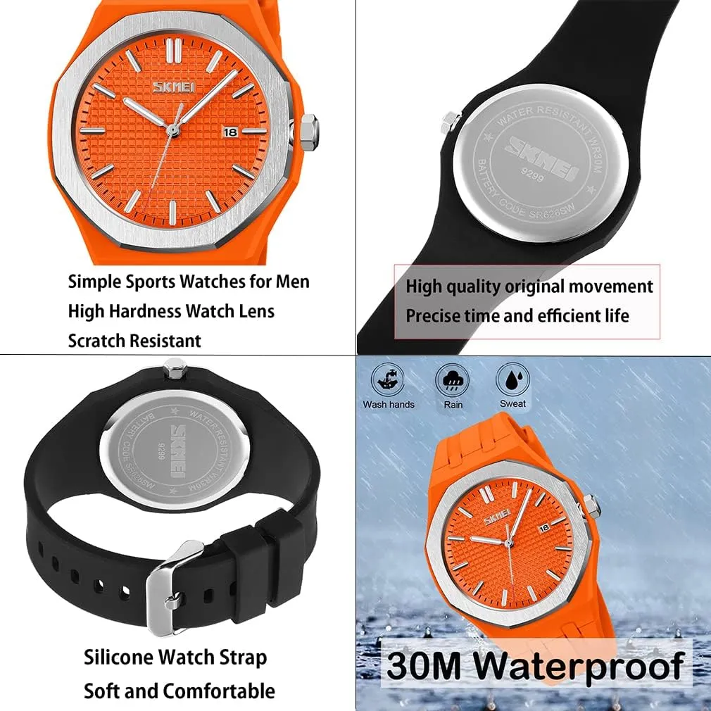SKMEI Watches for Men Silicone Easy Read Waterproof Sport Casual Fashion Analog Quartz Luminous Fathers Gifts Black Wrist Watch